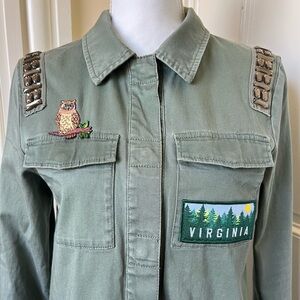 Original Custom Design Olive Green Jacket with Animal / Outdoors Theme Patches